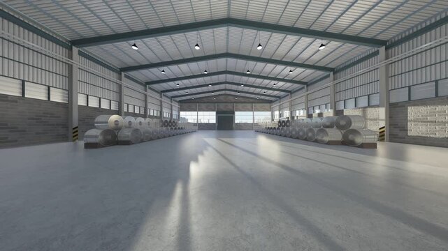 High resolution 3D industrial warehouse interior with slow panning camera movement. Modern distribution center with metal coils, concrete floor. Represent manufacturing plant, copy space background.