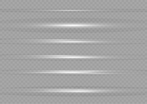 Set of white horizontal light streaks and glowing laser lines with horizontal abstract luminous technology background straight luminescent movement brilliant