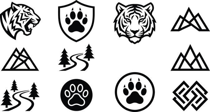 Minimal tiger wildlife logo icon collection with mountain forest and paw symbols for outdoor branding vector illustration