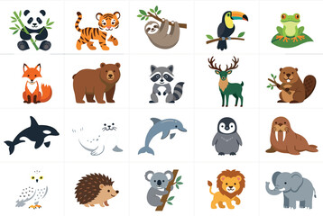 Fototapeta premium Cute Cartoon Wild Animal Icon Mega Set with Jungle Woodland Marine and Arctic Creatures for Kids Educational Materials School Textbooks and Nursery Graphic Designs