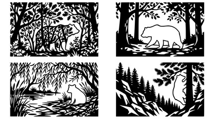Obraz premium Set of artistic black and white bear illustrations in serene forest and river landscapes featuring detailed silhouettes of wilderness scenery for nature-themed graphic design and outdoor branding