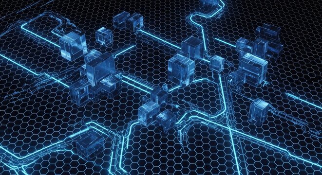 Futuristic digital network background with glowing blue lines connecting abstract data structures on a hexagonal grid, technology concept.