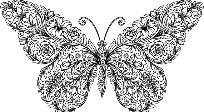 Intricate black and white floral butterfly coloring page featuring detailed botanical patterns with roses and lilies for adult relaxation and artistic coloring book projects by graphic illustrators