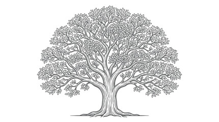Detailed illustration of a majestic, sprawling oak tree with intricate branches and leaves, black and white sketch. © Isun