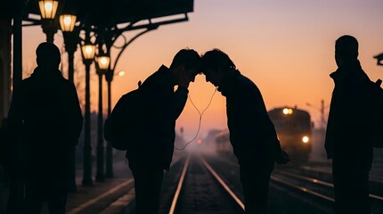 Naklejka premium Silhouette of Friends Sharing Headphones on a Train Platform