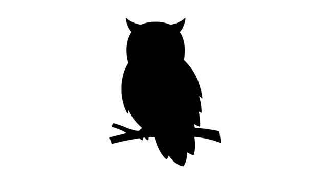 Black silhouette of an owl perched on a tree branch, isolated on a plain white background, minimalist vector-style illustration of a nocturnal bird.