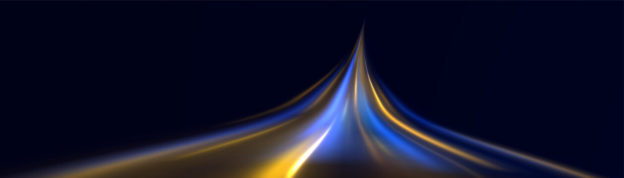 Dynamic blue and gold light trails moving towards a focal point on dark background with abstract converging perspective background streaming movement creative velocity