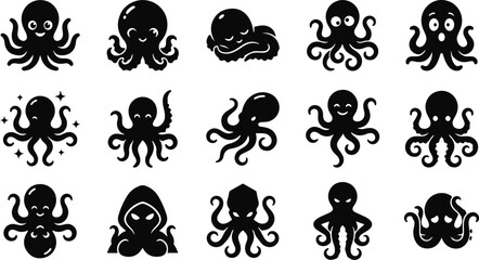 Black octopus silhouettes with various expressions and designs © MDSumon