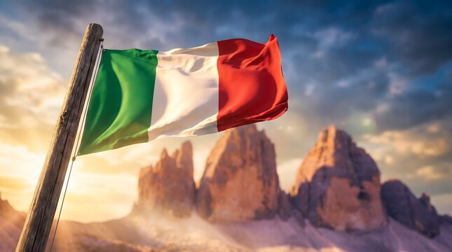 Italian National Flag Waving Proudly Against the Majestic Peaks of the Dolomite Mountains During a Golden Sunset Landscape