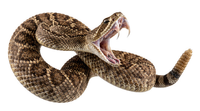 Aggressive Diamondback Rattlesnake Striking Isolated on White
