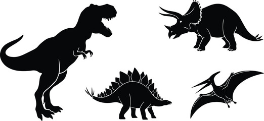 Silhouettes of Tyrannosaurus, Triceratops, Stegosaurus, and Pteranodon prehistoric creatures © Rony