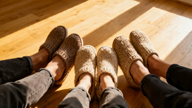 POV of three generations feet in slippers on wooden floor