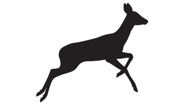 Black silhouette of a running doe deer jumping in mid-air isolated on a clean white background, minimalist wild animal vector graphic illustration