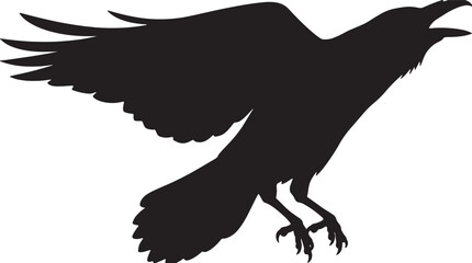 Black raven silhouette flying with wings spread and open beak cawing, isolated on white background, gothic halloween vector illustration. © Mir