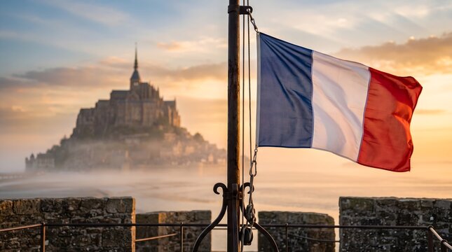 French tricolor flag waving near Mont Saint-Michel abbey at sunset with soft mist over the coastal landscape of Normandy France
