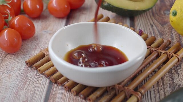 soya sauce pouring in a small container on a table 