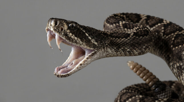 Diamondback rattlesnake striking with open mouth and fangs