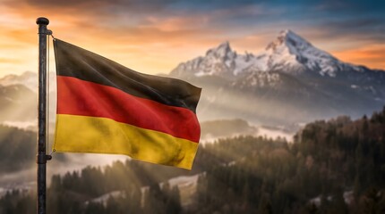 German Flag Waving Proudly Against Majestic Bavarian Alps at Sunset