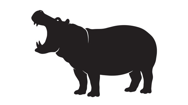 Black hippopotamus, angry hippo, open mouth, animal silhouette, vector icon