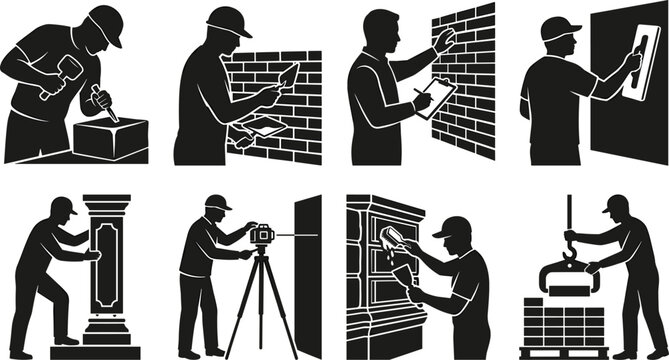 Construction worker and bricklayer silhouette icons set isolated on white background