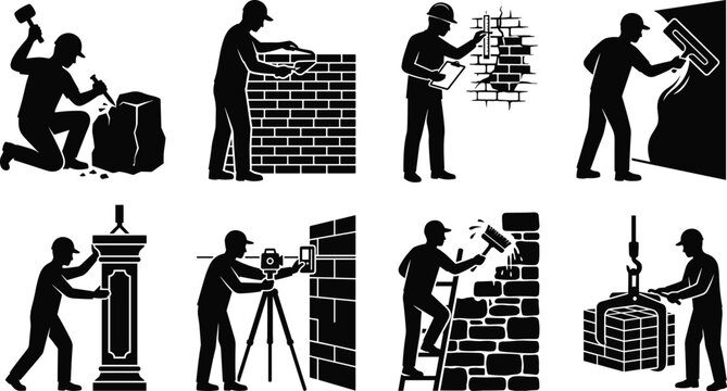 Construction workers and bricklayer silhouettes building wall icons set isolated on white background