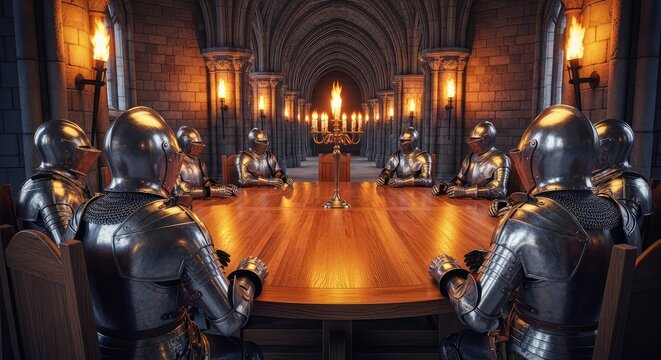 Empty suits of polished metal armor rest around a massive circular wooden table within a vaulted stone chamber lit by flickering torches, medieval, iron, table