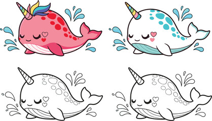 Cute Narwhal Character Set with Pink and Blue Varieties Splashing Water Alongside Black and White Coloring Pages Vector Illustration © Remi