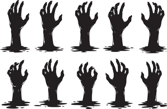 Zombie hands silhouette. Creepy zombie crooked lambs stick out of graveyard ground vector illustration set. Halloween zombie hands