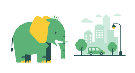 Naklejka premium A green elephant stands beside a stylized green city with buildings, trees, and a car.