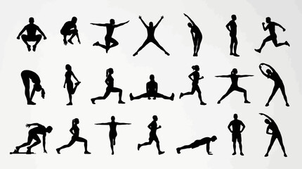 Fototapeta premium Collection of black silhouettes of people exercising and stretching