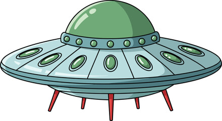 Retro Cartoon UFO Flying Saucer Spaceship with Green Glass Dome and Landing Gear Legs Isolated on White Background Vector Illustration © Remi