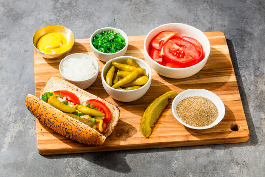 Chicago Style Hot Dog Ingredients with Pickles