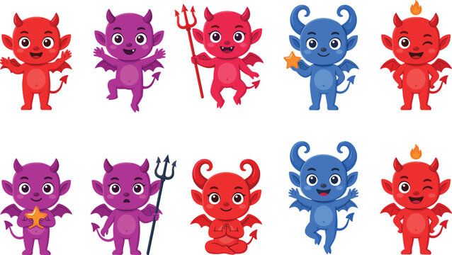 Cute baby devils with horns, wings, tails, and tridents illustration