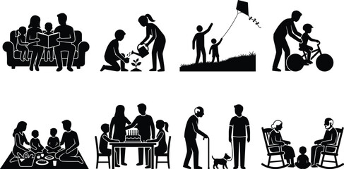 Fototapeta premium Family Lifestyle and Parenting Black Silhouette Collection with Reading Gardening Birthday Care and Outdoor Activities