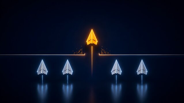 Glowing yellow paper airplane flying upward breaking away from white airplanes illustrating unique innovation and standout leadership
