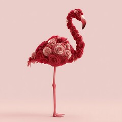 Fototapeta premium A stunning flamingo with elegant blooming red roses instead of feathers, surreal botanical wildlife