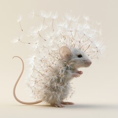 Fototapeta premium A tiny adorable mouse with soft floating dandelion seeds forming its fluffy fur, dreamy surreal fantasy creature