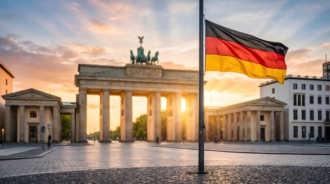 Historic Brandenburg Gate at sunset with German national flag in Berlin city center, a symbol of heritage and unity
