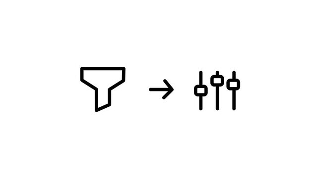 Minimalist black line icon set showing a filter symbol smoothly transforming into an audio equalizer sliders icon for modern interface design projects