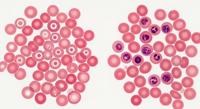 Microscopic comparison of red blood cells showing beta thalassemia target cells and alpha thalassemia inclusions on a laboratory slide, laboratory, smear, medical