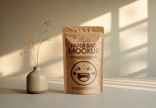Kraft Paper Standup Pouch Mockup with Minimal Vase and Soft Window Light