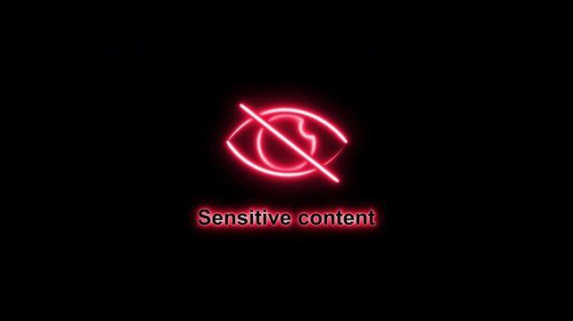Animated Neon Glowing Sensitive Content Warning. Looping Crossed Eye Icon on Alpha Channel.