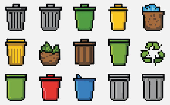  Colorful recycling and trash bins pixel art set