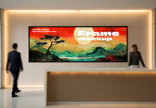 Panoramic Wall Frame Mockup in Modern Lobby with LED Backlighting and Reception Desk