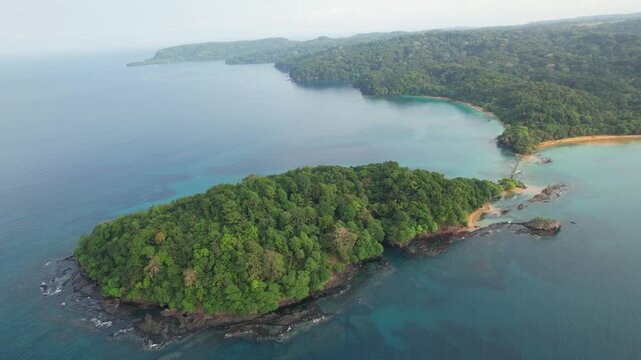 Aerial view of Bom Bom Islet, overlooking the coast and Bom Bom Beach and the famouse resort.S&atilde;o Tom&eacute;,Prince Island