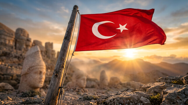 Turkish Flag Flying Proudly Atop Mount Nemrut With Sunbeams Illuminating Ancient Statues