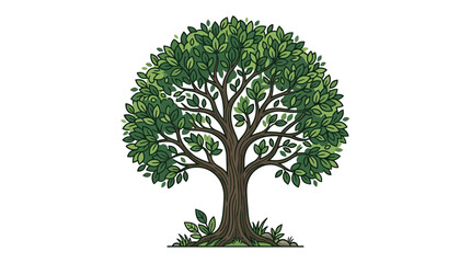 Illustration of a Vibrant Green Tree with Lush Foliage and Detailed Branches © Jarwo