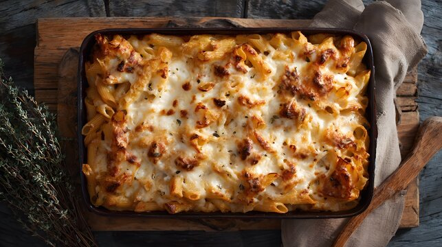 Delicious baked pasta dish with melted cheese and herbs.
