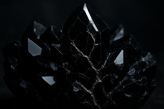 Luxury macro shot of dark black crystal cluster with intricate gold kintsugi veins, elegant premium obsidian and black tourmaline gemstone minerals 3D render