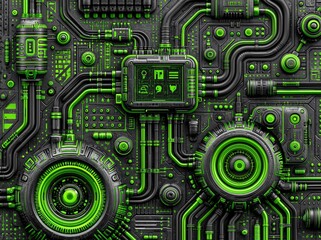 Fototapeta premium Intricate Futuristic Sci-Fi Technology Circuit Board with Neon Green Glowing Circuits and Complex Wiring